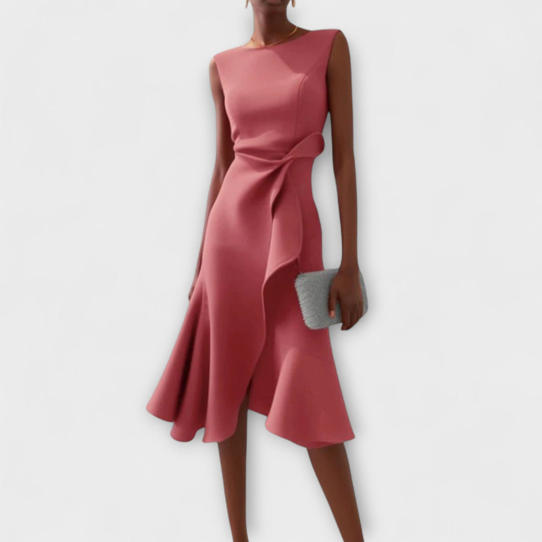 RHIANN | DRAPED ASYMMETRIC MIDI DRESS