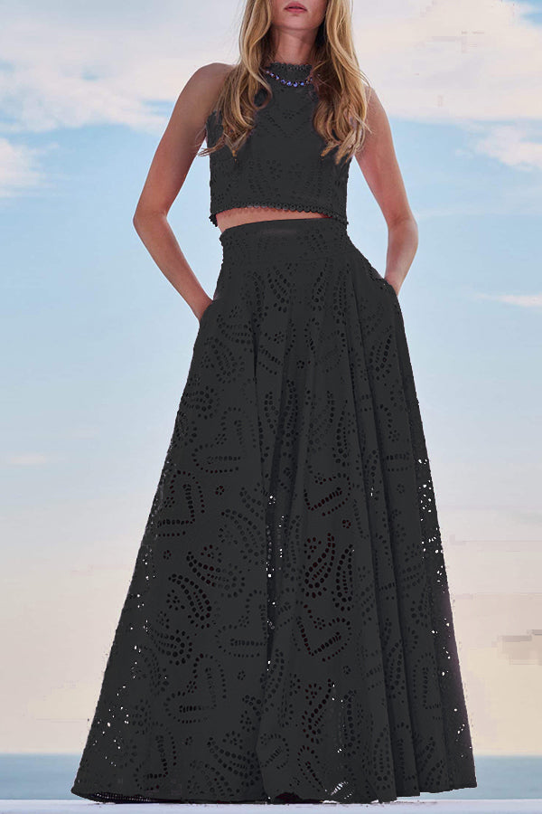 INESA | TWO-PIECE SET WITH EMBROIDERY AND HIGH-WAIST MAXI SKIRT